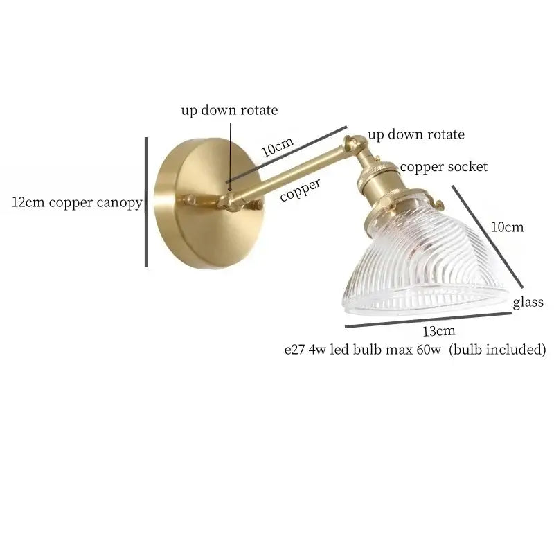 Vintage brass wall sconce with adjustable copper arm and clear ribbed shade for green glass led wall lighting