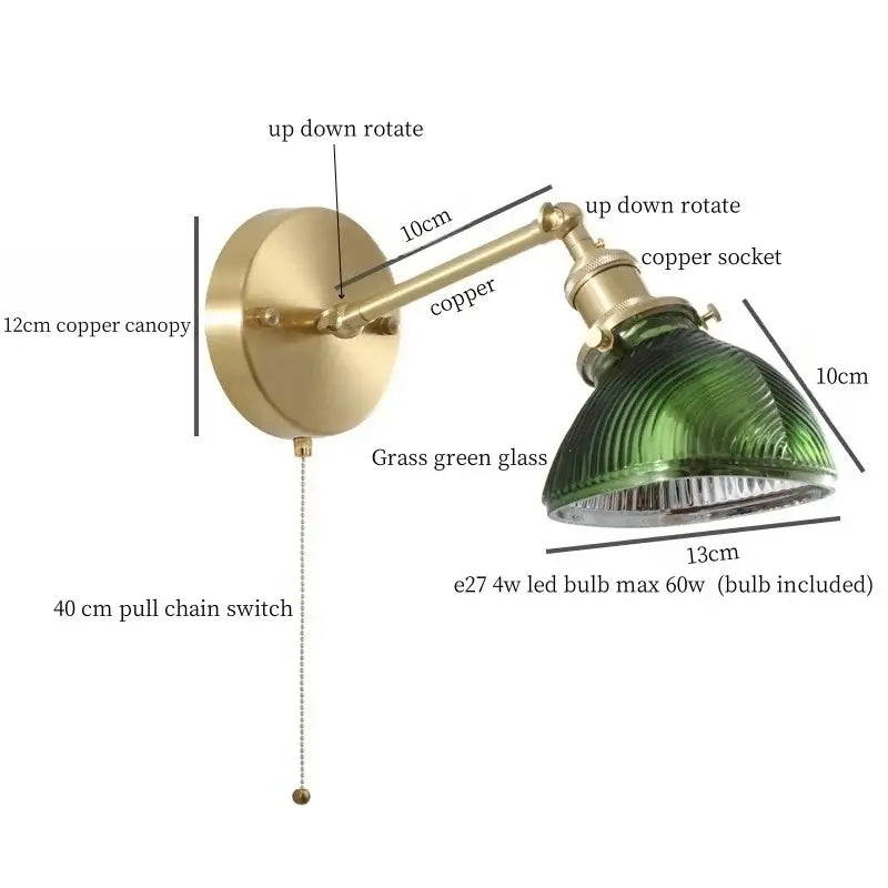 Vintage brass wall sconce with grass green ribbed glass led shade and rotating copper arm for bedroom lighting