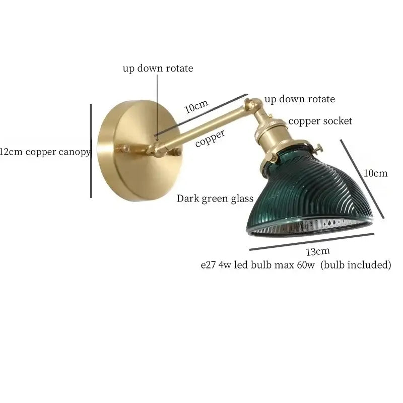 Vintage brass wall sconce with green glass led adjustable ribbed shade for bedroom lighting fixtures