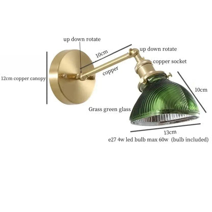 Vintage brass wall sconce with a grass green ribbed glass led shade for bedroom decoration and ambient lighting