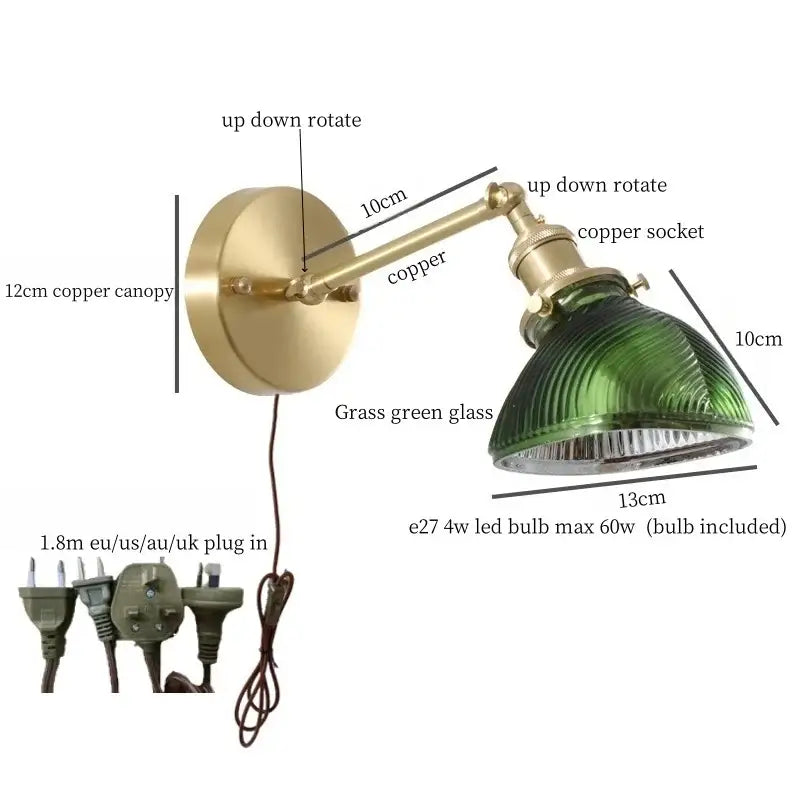 Vintage brass wall sconce with grass green ribbed glass led shade and articulated arm for bedroom lighting