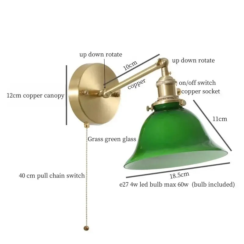 Vintage brass wall sconce with a green glass led shade, featuring copper finish, ideal for bedroom lighting