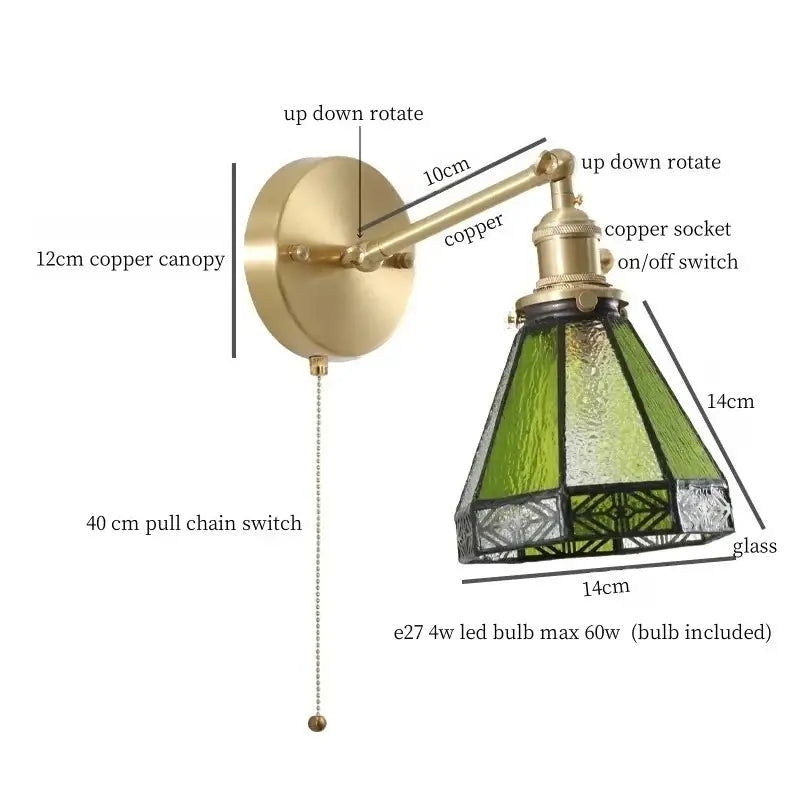Vintage brass and green glass led wall sconce with adjustable arm and geometric patterned glass shade for bedroom use