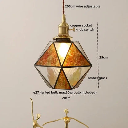 Vintage brass pendant light with amber glass panels and copper socket switch for bedroom decorbites blue glass led decor