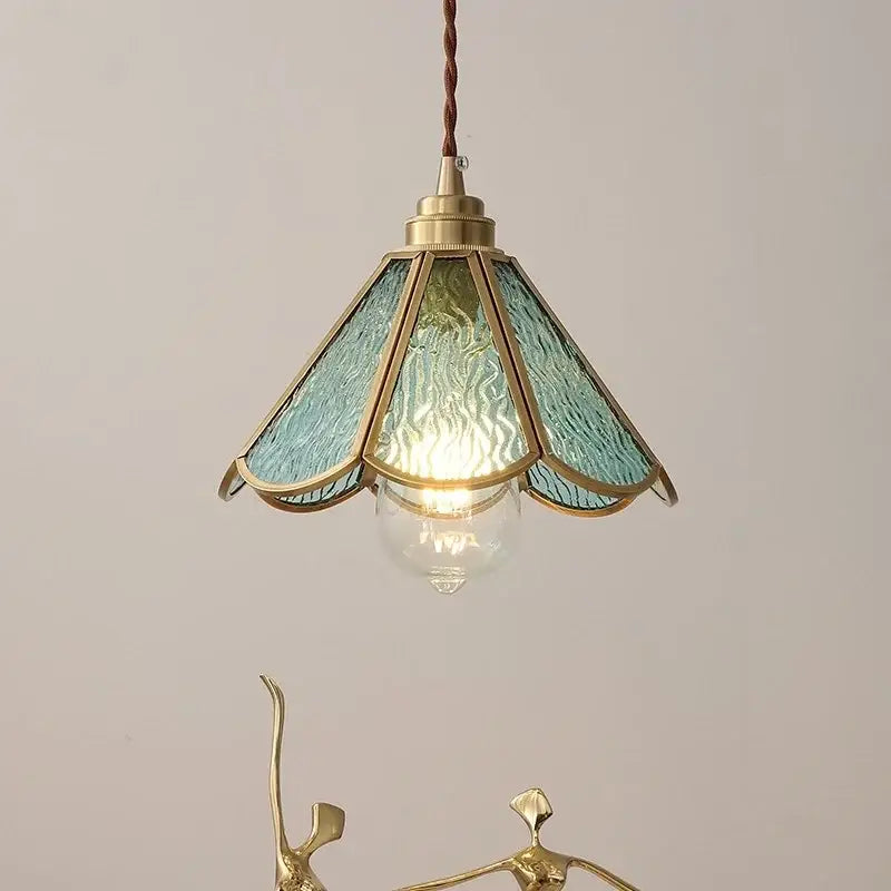 Vintage brass pendant light with textured translucent teal blue glass led panels for bedroom decorbites blue glass decor