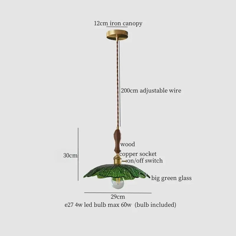 30cm vintage brass and green leaf led pendant lamp with copper wire and wooden handle for dining room lighting