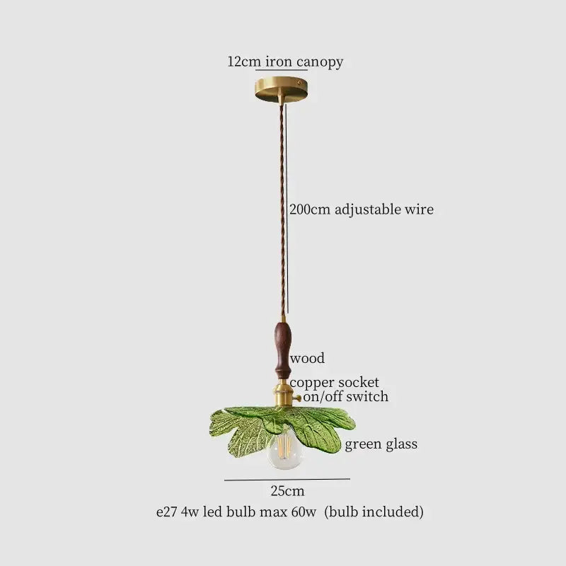 Vintage brass and green leaf led pendant lamp with a delicate glass leaf, wooden handle, and copper socket for dining room