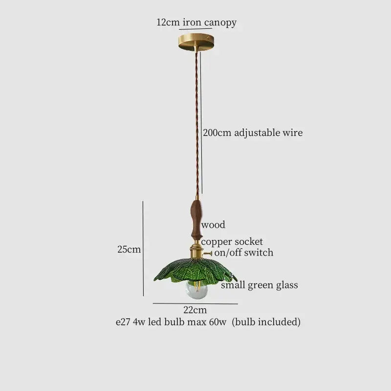 Vintage brass and green leaf led pendant lamp with iron canopy and wooden accents for dining room lighting