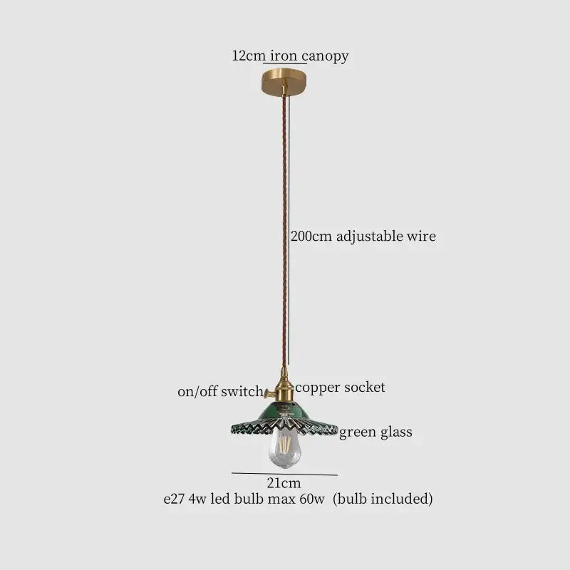 Vintage brass and green leaf led pendant lamp with iron canopy copper wire and green glass shade for dining room