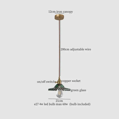 Vintage brass and green leaf led pendant lamp with iron canopy copper wire and green glass shade for dining room