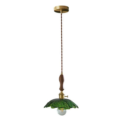Vintage brass and green leaf led pendant lamp with twisted cord and wooden handle for dining room lighting