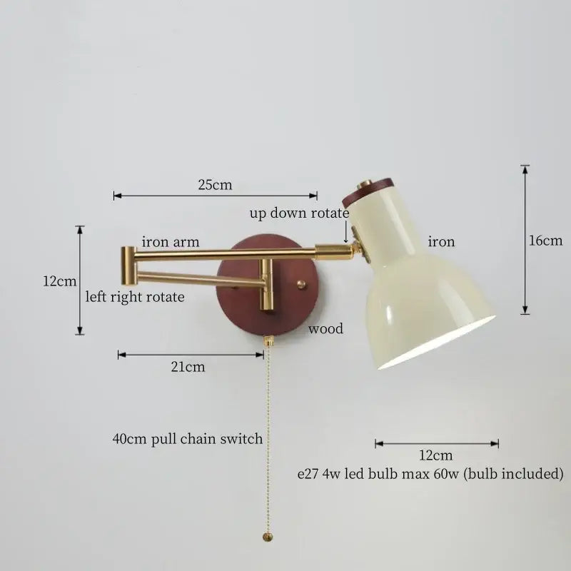 Adjustable vintage brass and leather wall lamp with creamy iron led shade on wood base for bedroom decorbites creamy iron