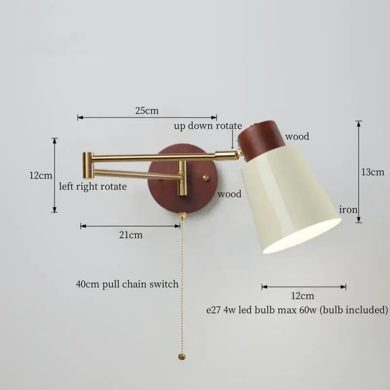 Adjustable wall lamp with brass arm, circular wooden base, and off-white creamy iron led shade by decorbites creamy iron