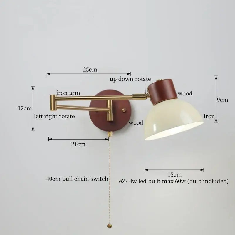 Adjustable wall lamp with brass iron arm, wooden base, and creamy iron led diffuser by decorbites for bedroom decor