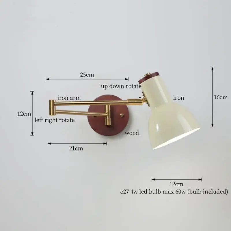 Adjustable wall lamp with brass iron arm wood base and cream-colored metal shade for decorbites creamy iron led lighting