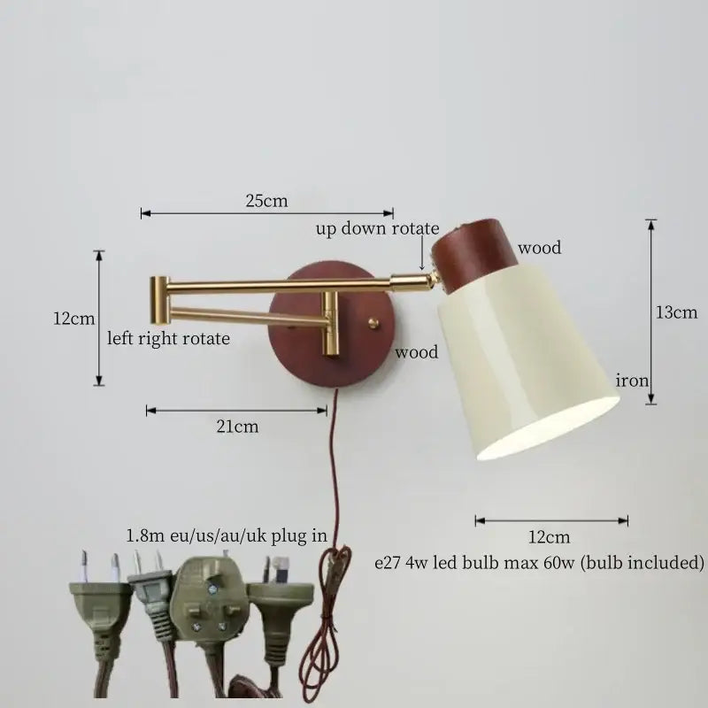Adjustable wall lamp with brass arm, wooden base, and creamy iron led shade for vintage decorbites creamy iron style