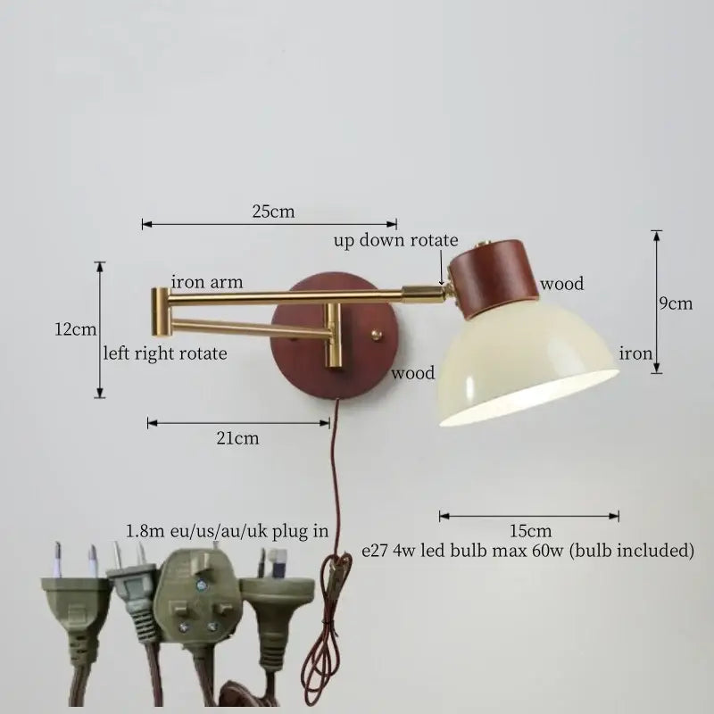 Adjustable wall lamp with brass iron arm wooden base cream enamel shade for vintage creamy iron led decorbites lighting