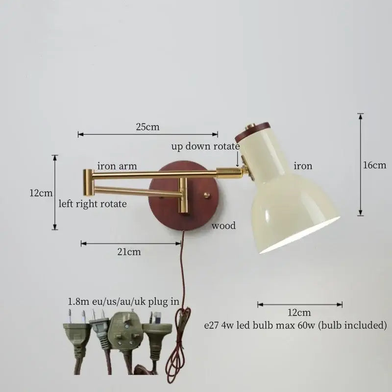 Adjustable vintage brass and leather wall lamp with creamy iron led and wood base for bedroom decorbites creamy iron