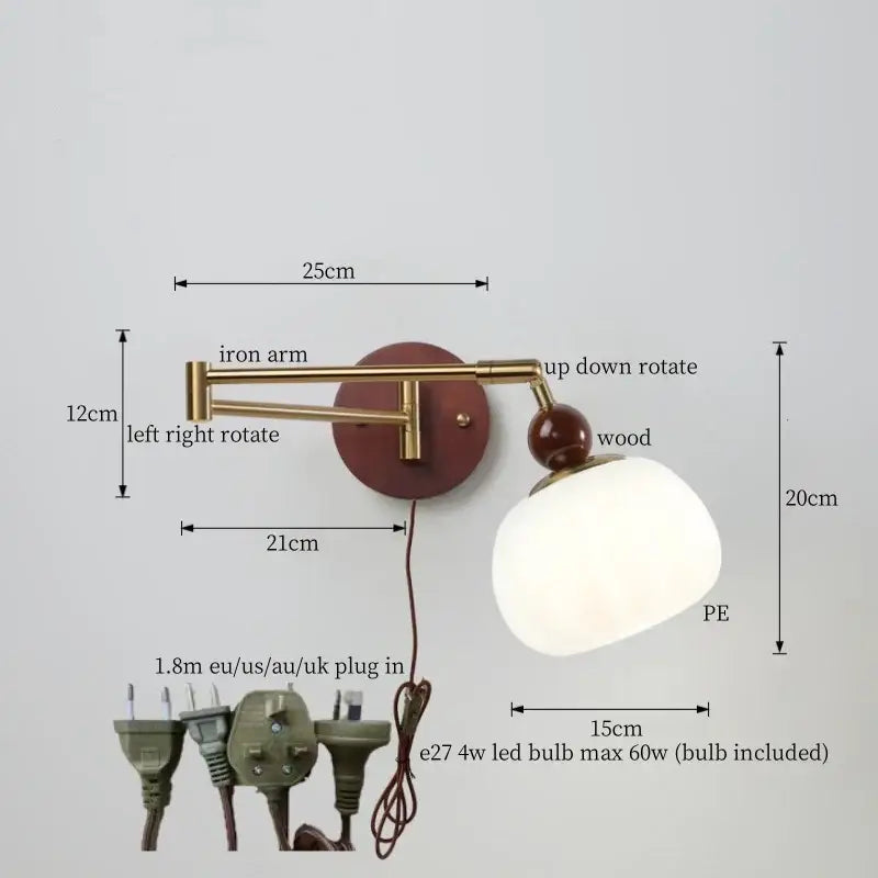 Adjustable wall lamp with brass iron arm, wooden base, and frosted white glass globe for decorbites creamy iron led lighting