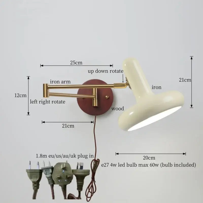 Cream-colored adjustable wall lamp with vintage brass arm and wooden base perfect for decorbites creamy iron led bedroom use
