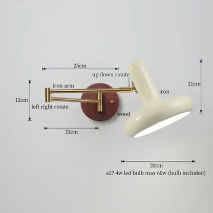 Cream-colored glossy ceramic wall lamp with brass iron arm and wooden base decorbites creamy iron led bedroom decor