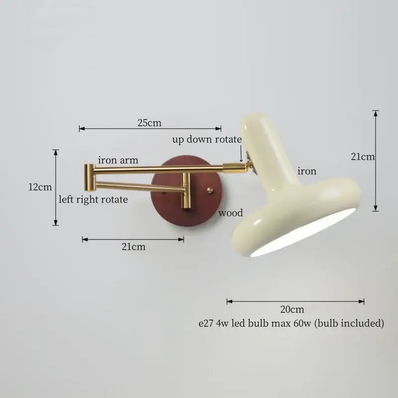 Cream-colored glossy ceramic wall lamp with brass iron arm and wooden base decorbites creamy iron led bedroom decor