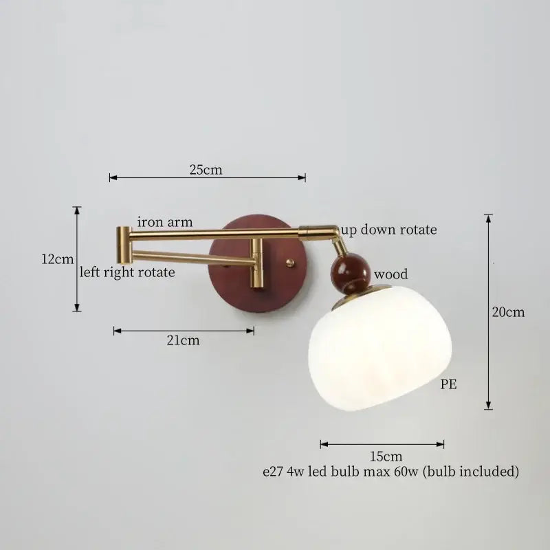 Brass-finished adjustable wall lamp with round wooden backplate and off-white lampshade for decorbites creamy iron led