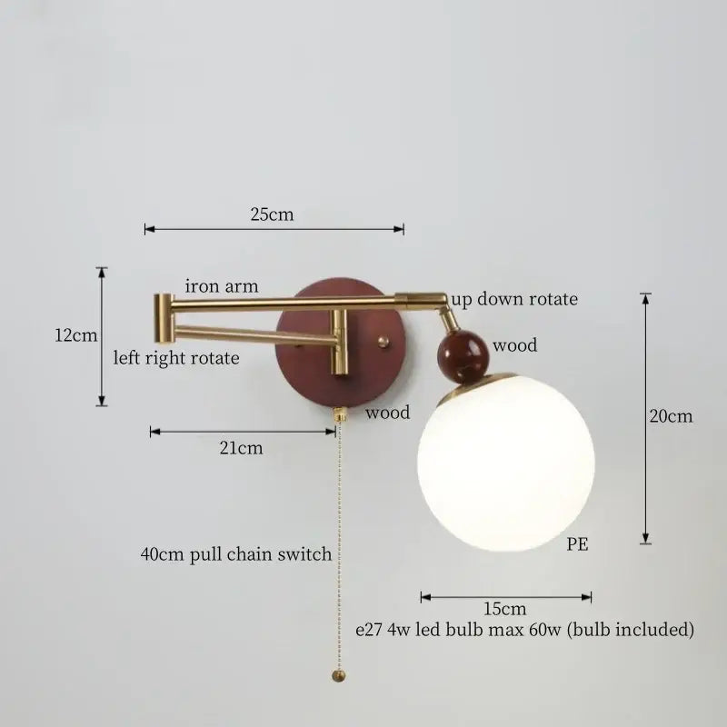 A modern adjustable wall lamp with brass iron arm, wood base, and white pe glass shade for decorbites creamy iron led
