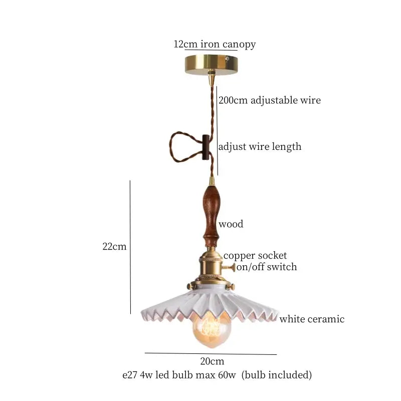 Vintage brass and off-white ceramic led pendant light with wooden handle and copper socket for dining room decorbites ceramic led
