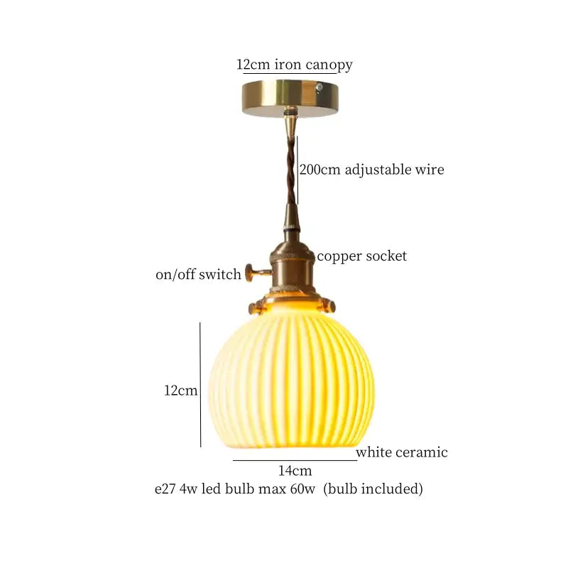Vintage brass and off-white ceramic led pendant light with ribbed design for dining room decorbites ceramic led pendant