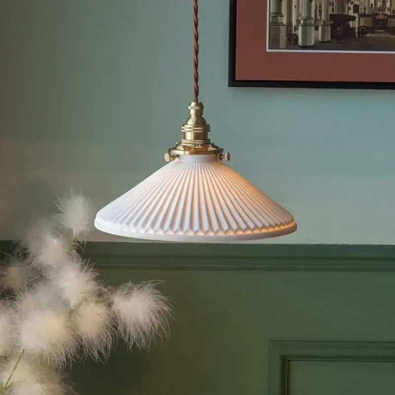 Vintage brass and off-white ceramic led pendant light with white ribbed glass and twisted brown cord for dining room decorbites ceramic led pendant