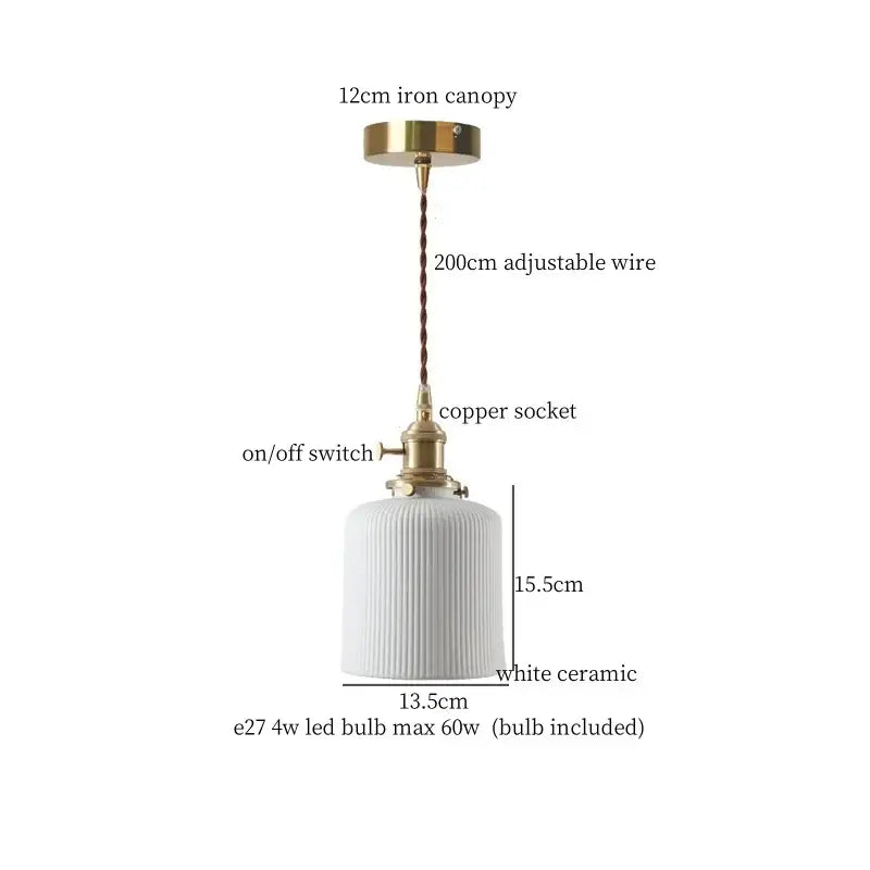 Vintage brass and off-white ceramic led pendant light with vertical ridges and braided wire suspension for dining room decorbites ceramic led pendant