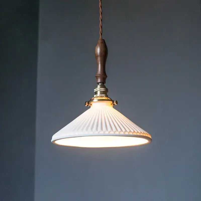 Vintage brass and off-white ceramic led pendant light with white ribbed glass and dark wood handle for dining room decorbites ceramic led