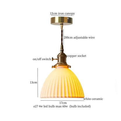 Vintage brass and off-white ceramic led pendant light with vertical ridges and copper socket for dining room decorbites ceramic led