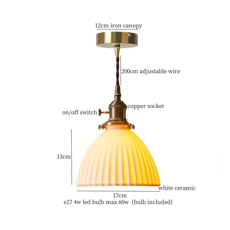 Vintage brass and off-white ceramic led pendant light with vertical ridges and copper socket for dining room decorbites ceramic led