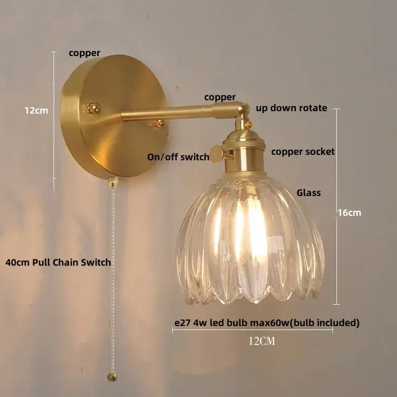 Vintage brass wall light with fluted decorbites amber glass shade and adjustable copper arm for bedroom lighting