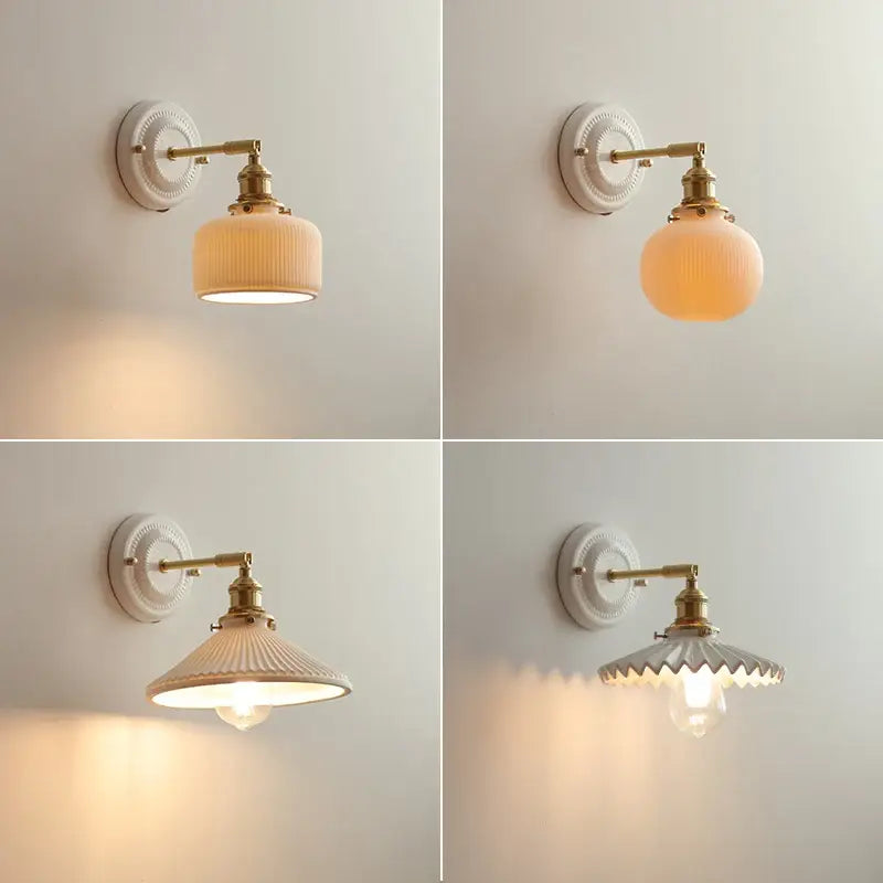 Vintage brass and ribbed glass led wall light with white ceramic base and off-white shade for bedroom sconce lighting