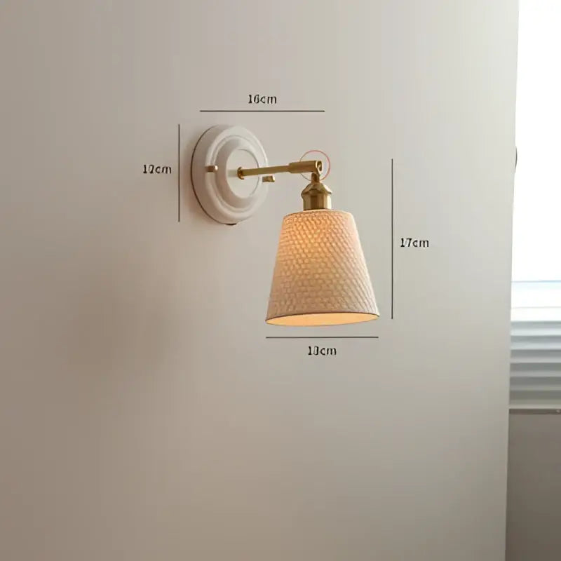 White textured ceramic wall light with brass-finished arm and lampshade vintage led wall light for bedroom use