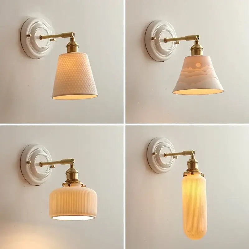 White ceramic led wall light with brass accents and textured ribbed glass shades for vintage bedroom sconce lighting
