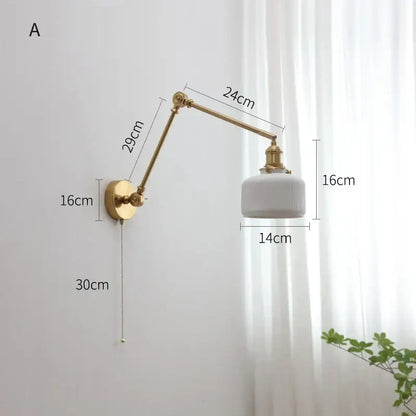Gold-finished adjustable wall sconce with white ribbed glass shade vintage brass led wall sconce for bedroom decorbites led wall