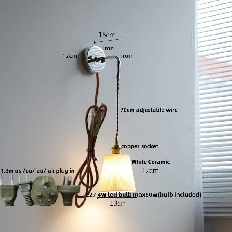 Vintage wall sconce with white ceramic led shade, copper socket, and adjustable brown cord for decorbites ceramic led wall use