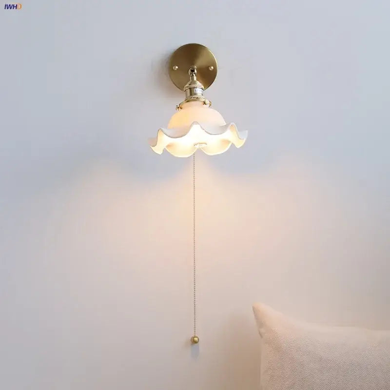 Vintage brass ceramic led wall light with ruffled off-white glass shade for bathroom mirror decorbites ceramic led wall