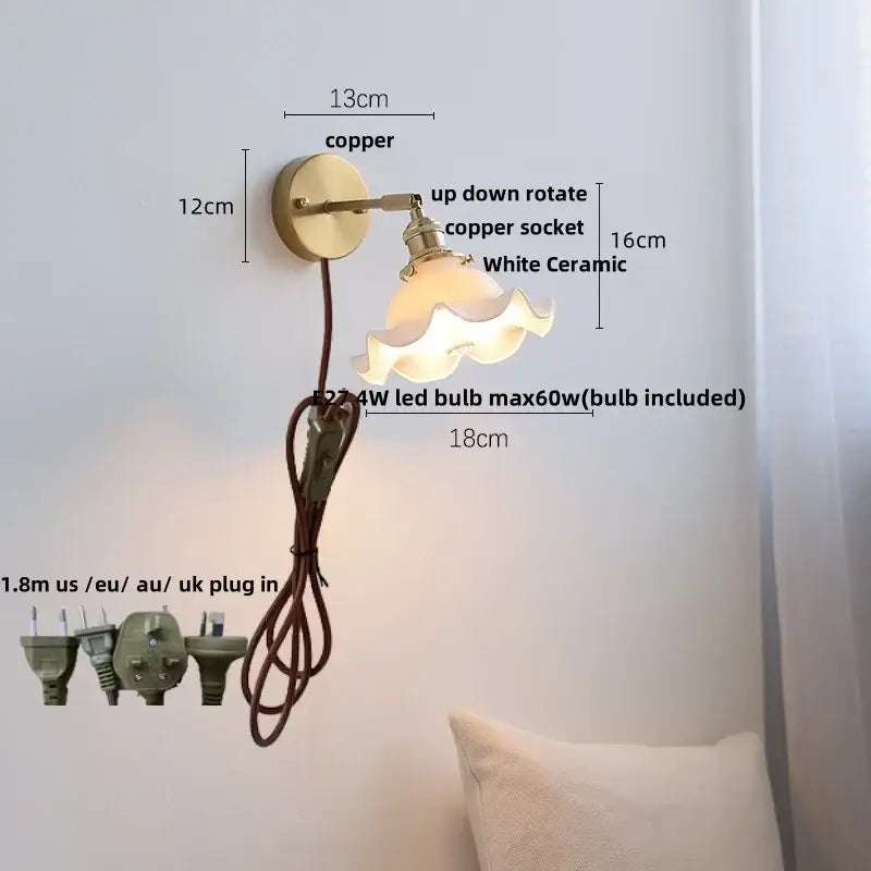 Vintage brass and ruffled glass ceramic led wall light with copper base and white ceramic shade for bathroom mirror decorbites ceramic led wall