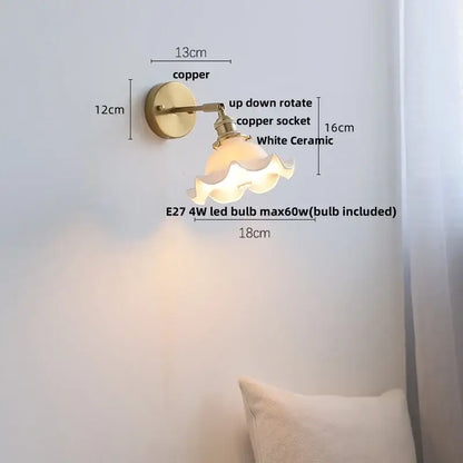 Copper-finished vintage brass ceramic led wall light with white scalloped ceramic lampshade for bathroom mirror decorbites ceramic led