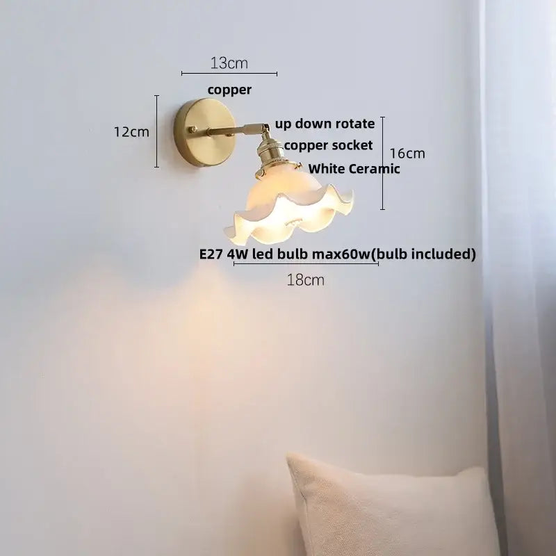 Copper-finished vintage brass ceramic led wall light with white scalloped ceramic lampshade for bathroom mirror decorbites ceramic led