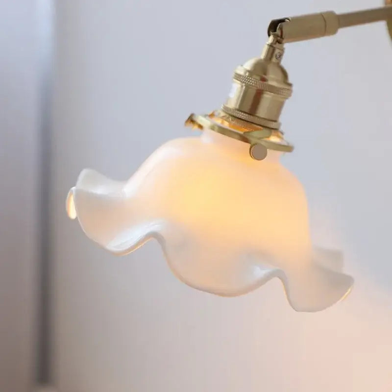 Vintage brass and ruffled white glass ceramic led wall light with delicate translucent shade for decorbites ceramic led wall use