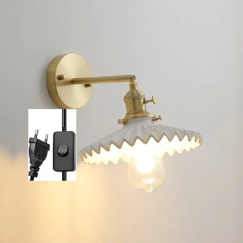 Vintage brass wall lamp with scalloped white glass shade and exposed Edison bulb led wall lamp for bedroom