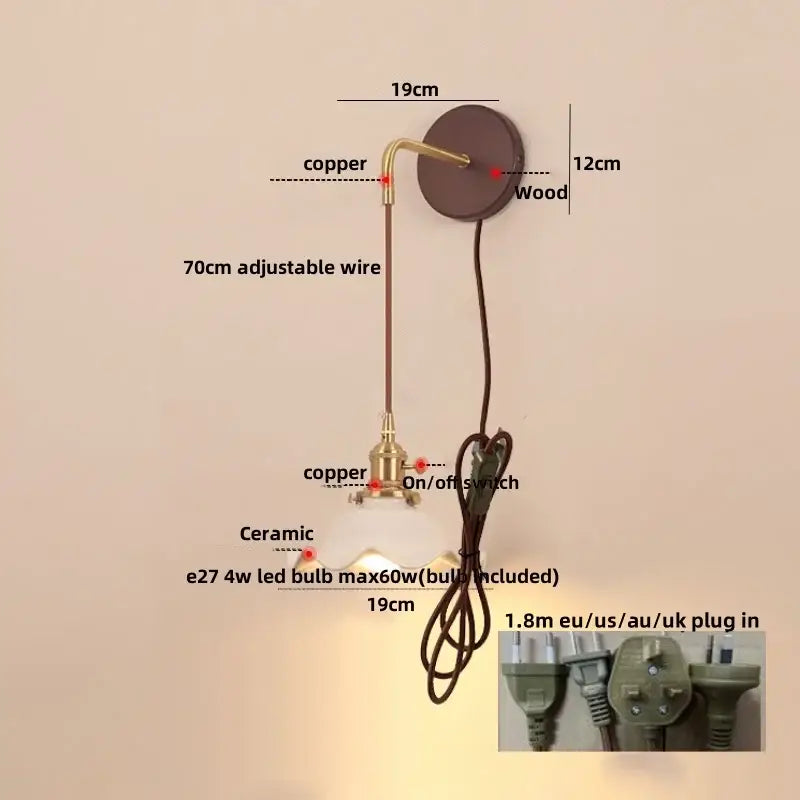 Vintage brass wall sconce with copper finish ceramic wood led lampshade and adjustable wire for bedroom decorbites light