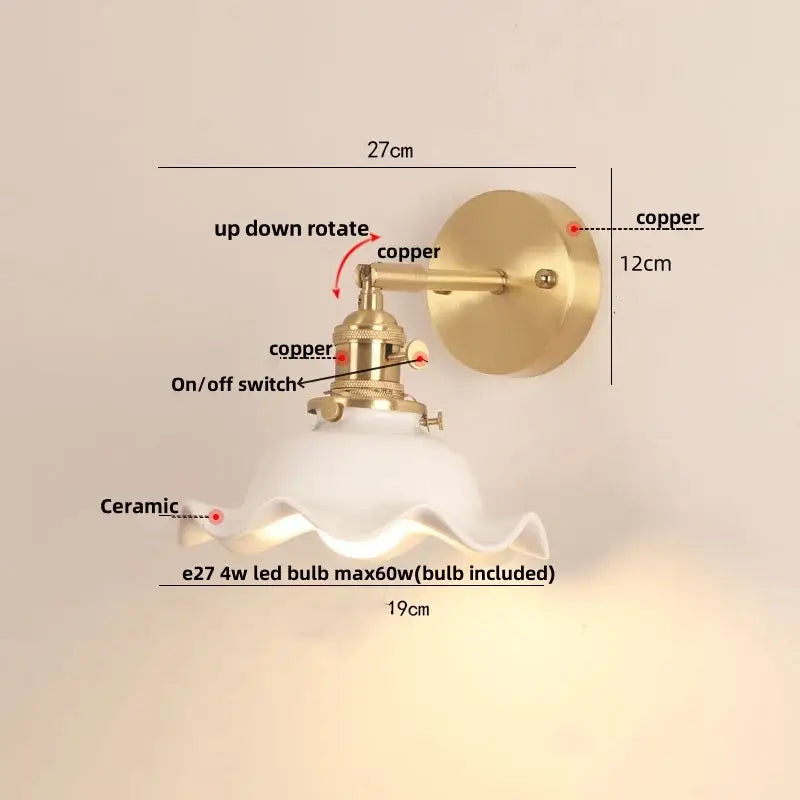 Copper-finished wall sconce with white ceramic scalloped shade for vintage brass and decorbites ceramic wood led lighting