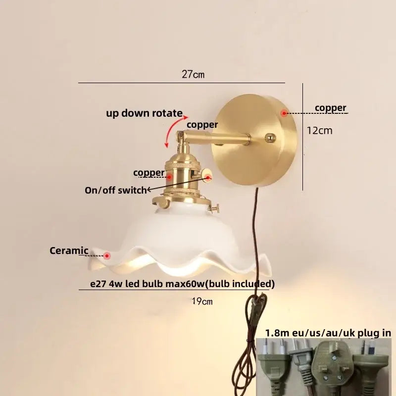 Vintage brass wall sconce with scalloped white ceramic lampshade featuring decorbites ceramic wood led design